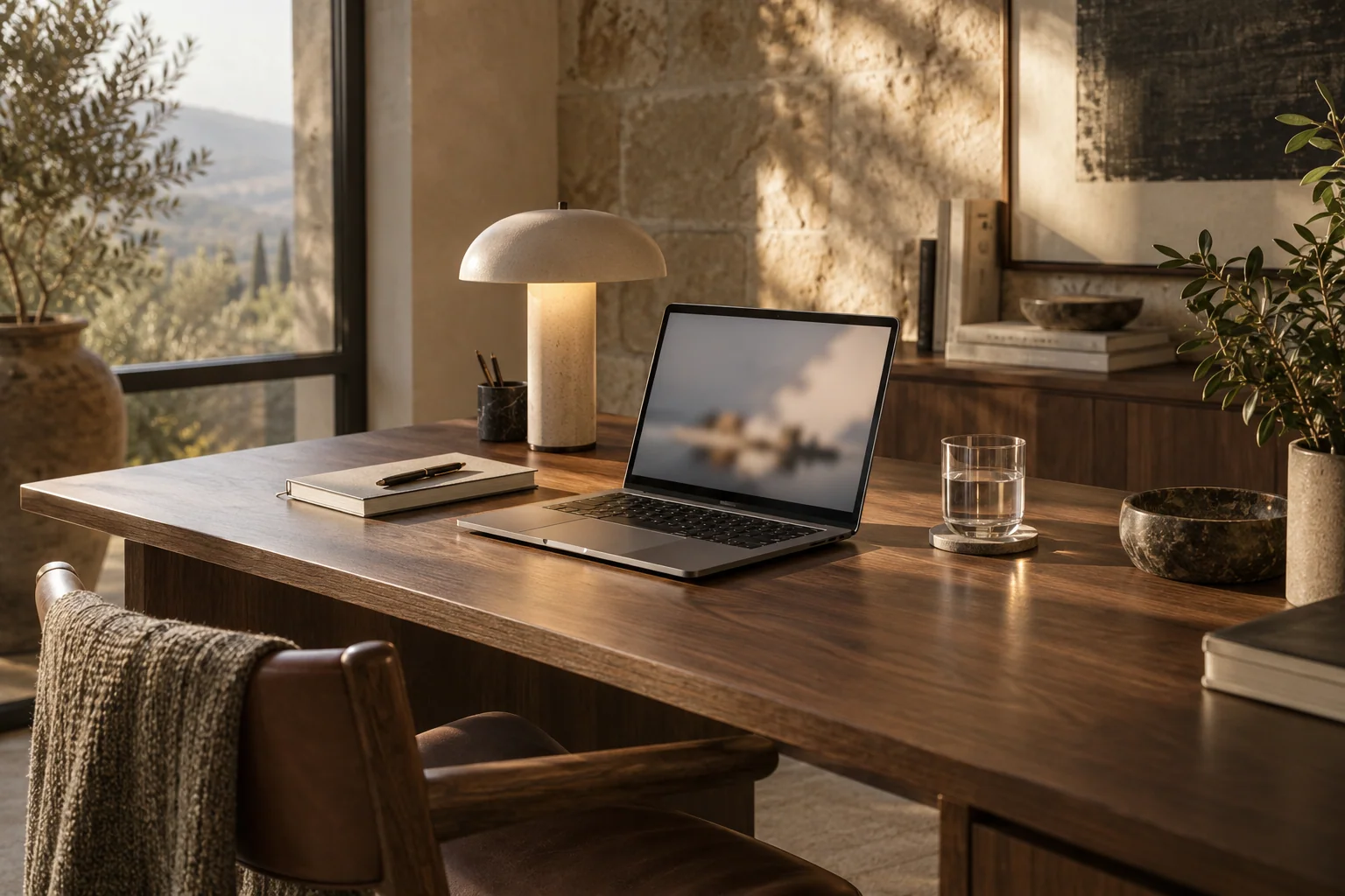 A laptop, notebook, and ceramic lamp on a walnut desk beside a window.