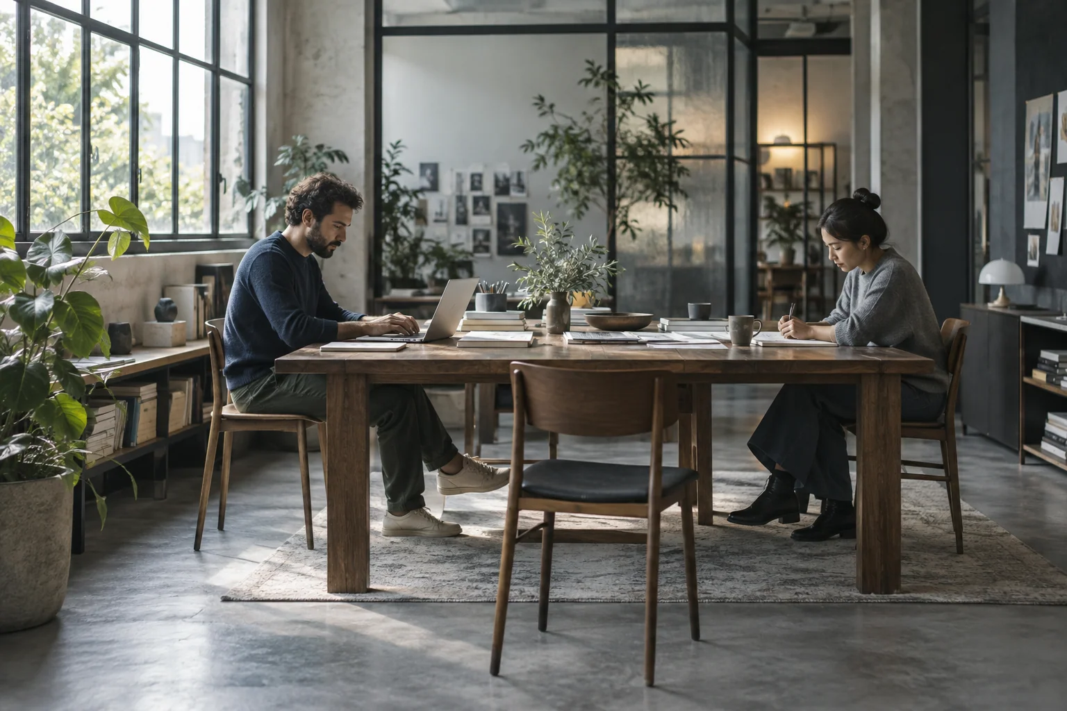 Two colleagues working independently at a shared table in a bright studio.